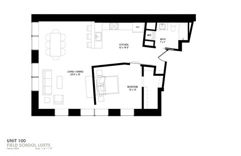 Floor plan for 1 bed, 1 bath, 892 sqft
